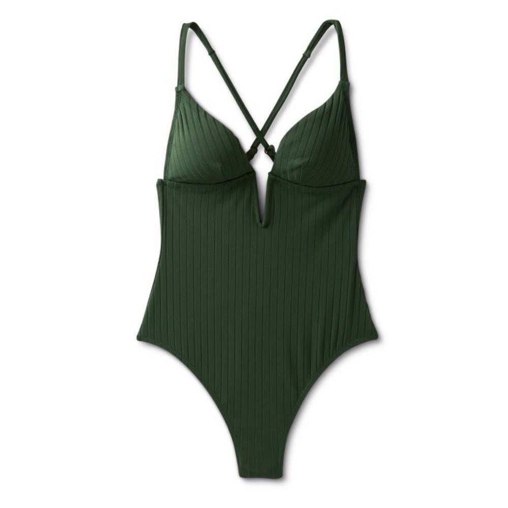Ribbed Plunge Front V-Wire One Piece Swimsuit - Shade & Shore Dark Green size L